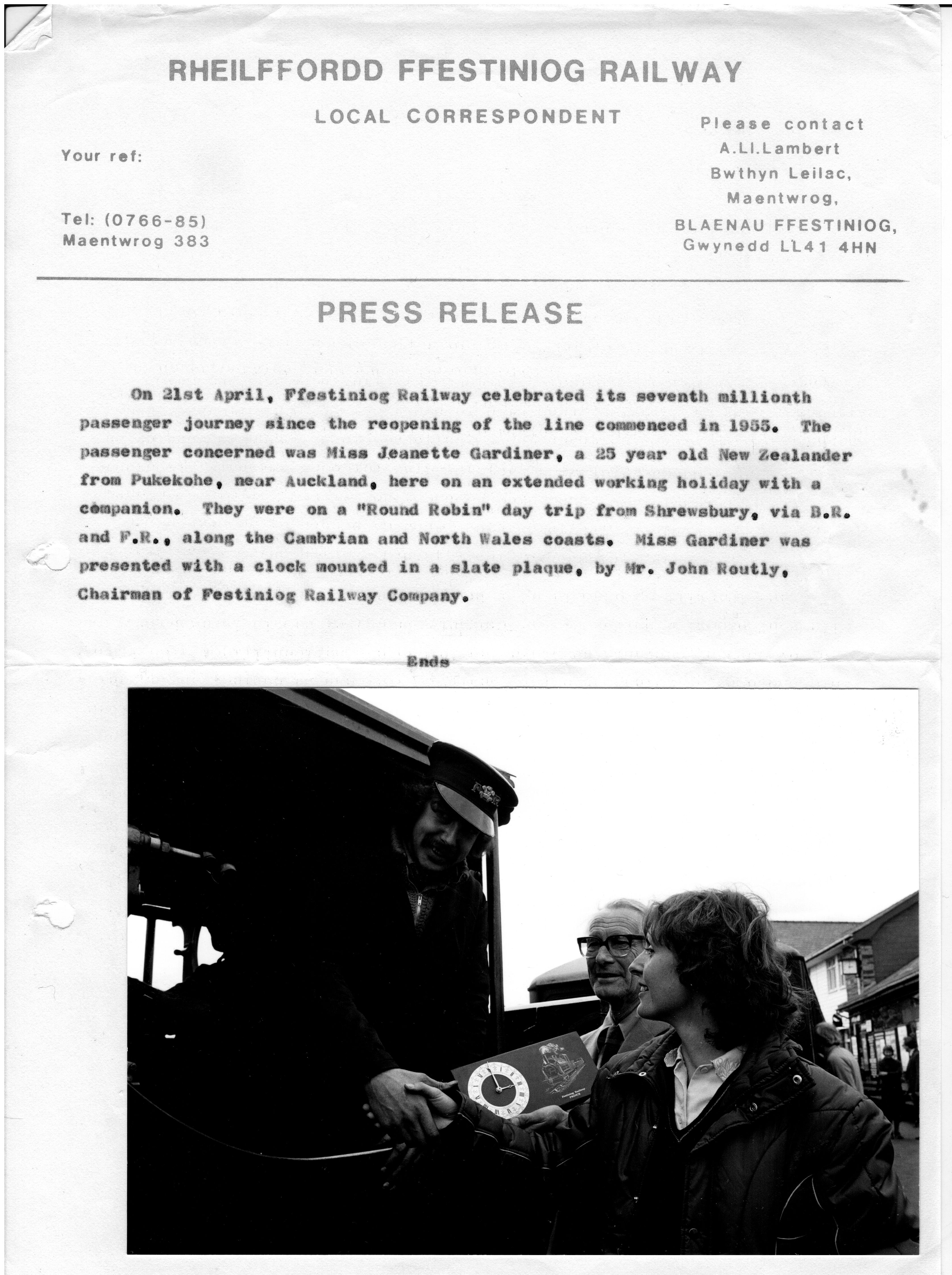 NGRS Collection 3 - Ffestiniog Rly - 21 Apr undated year  - FR Press release with photo of  7 millionth passenger J Gardiner - FR.jpg