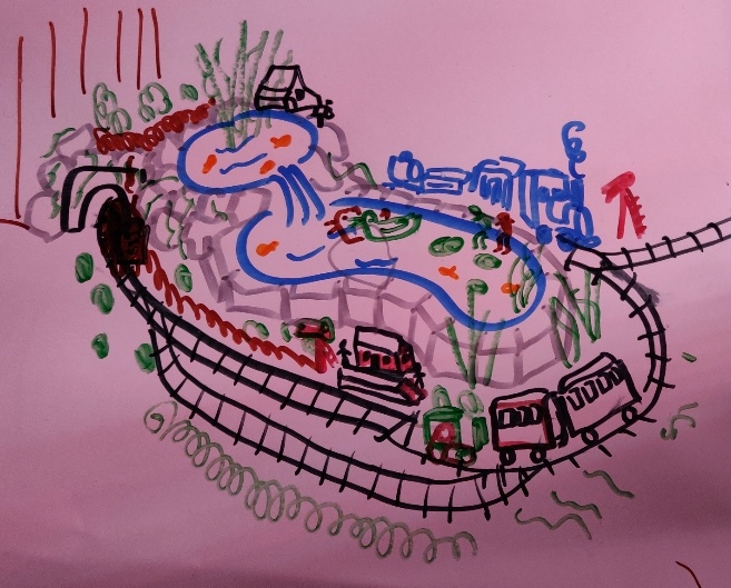 Early concept art from February. Note that this shows the rails at ground level with the pond elevated, contrary to more recent plans. Drawn to entertain a three-year-old and not to scale.